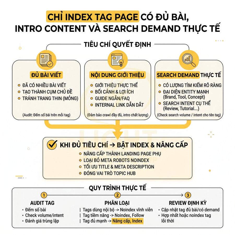 Infographic hướng dẫn tiêu chí và quy trình bật index, nâng cấp tag page chuẩn SEO cho website