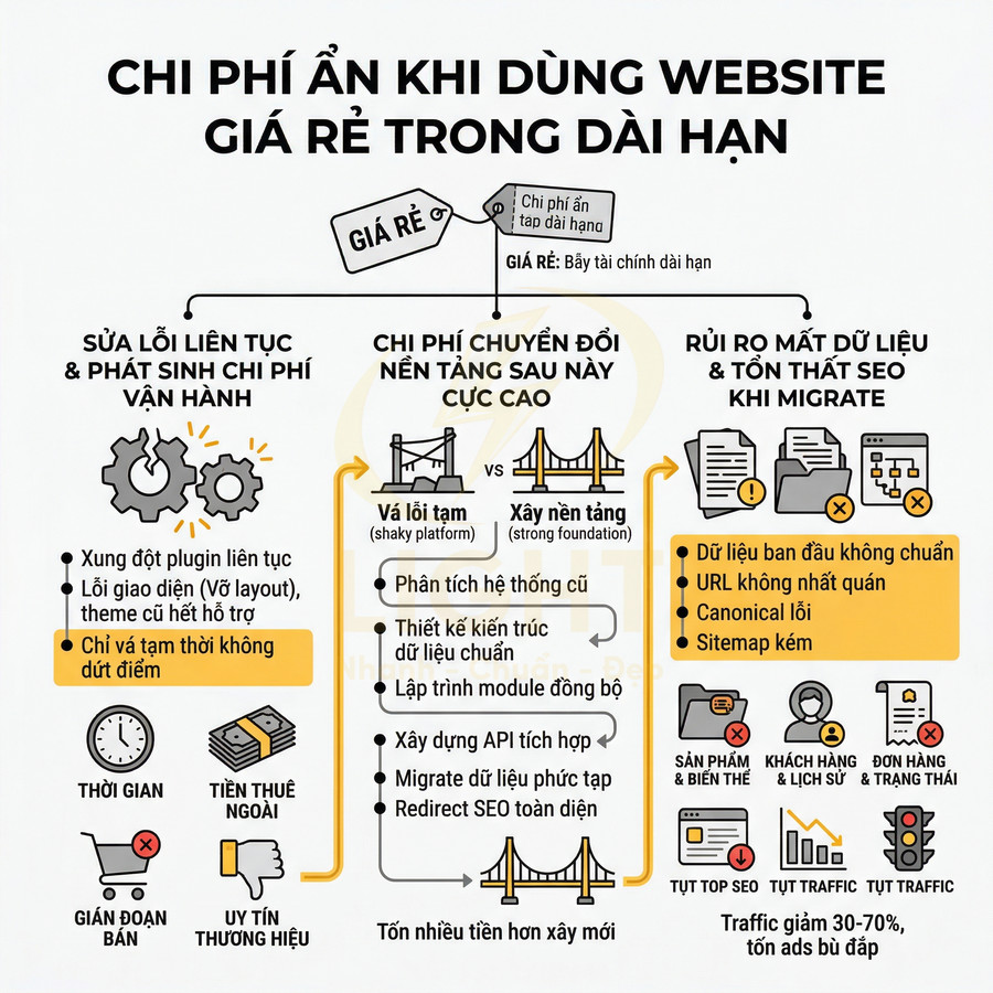 Infographic chi phí ẩn khi dùng website giá rẻ, nêu rủi ro sửa lỗi, chuyển đổi nền tảng và mất dữ liệu SEO