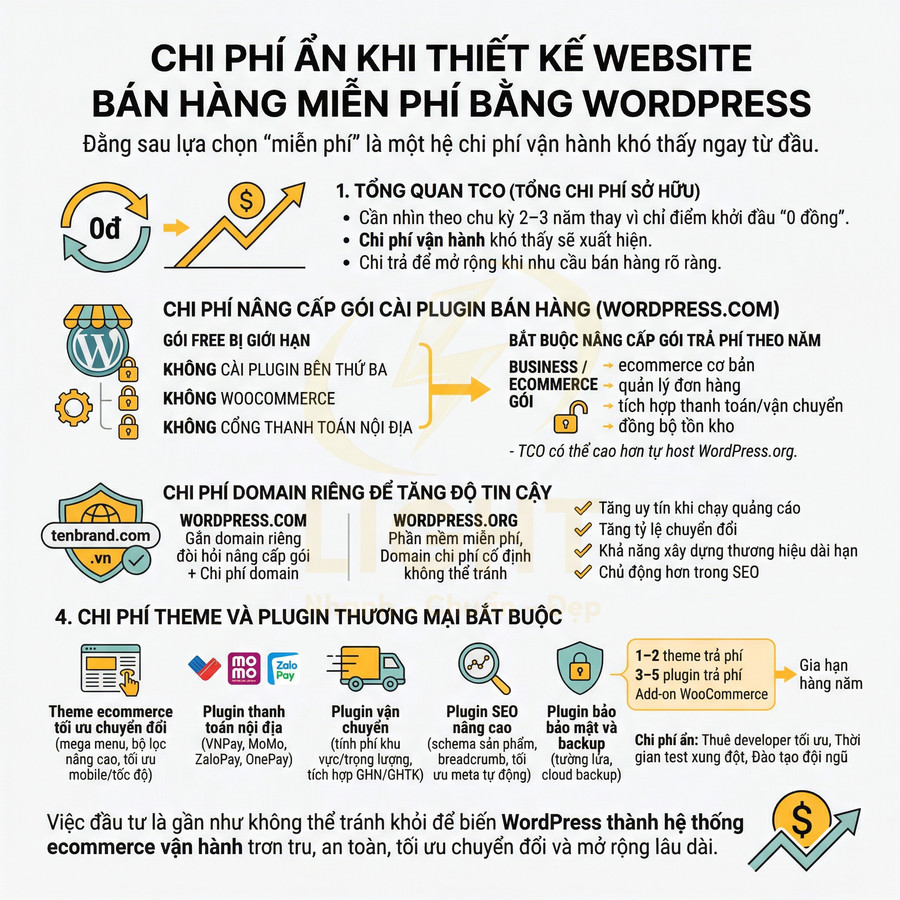 Infographic chi phí ẩn khi thiết kế website bán hàng miễn phí bằng WordPress và các khoản nâng cấp bắt buộc