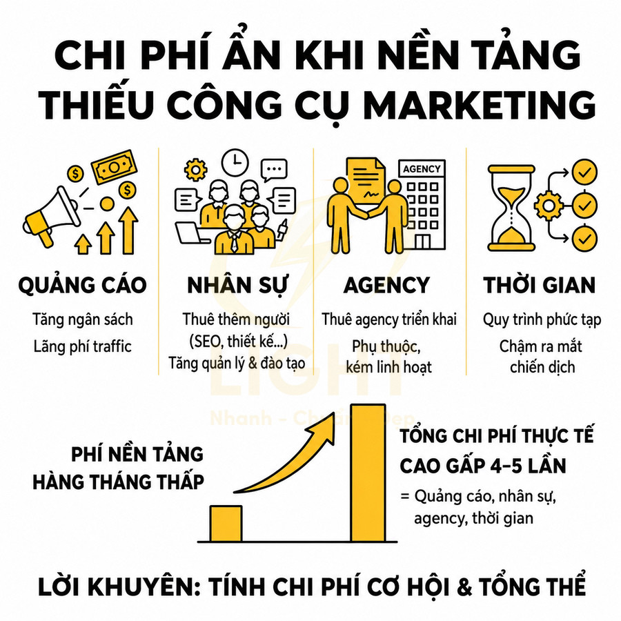 Chi phí ẩn khi nền tảng thiếu công cụ marketing, tăng chi cho quảng cáo, nhân sự, agency và thời gian triển khai
