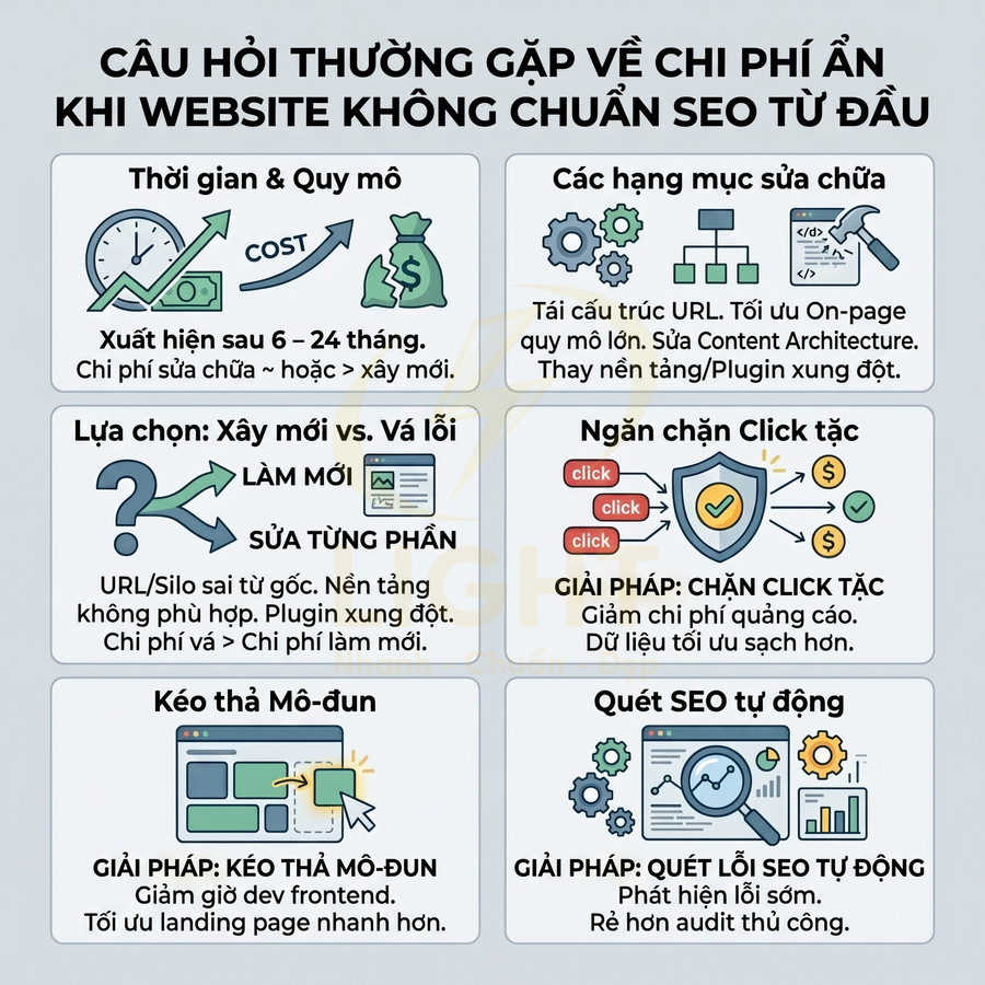 Infographic chi phí ẩn khi website không chuẩn SEO, nêu thời gian, hạng mục sửa chữa, click tặc, kéo thả mô đun, quét SEO tự động