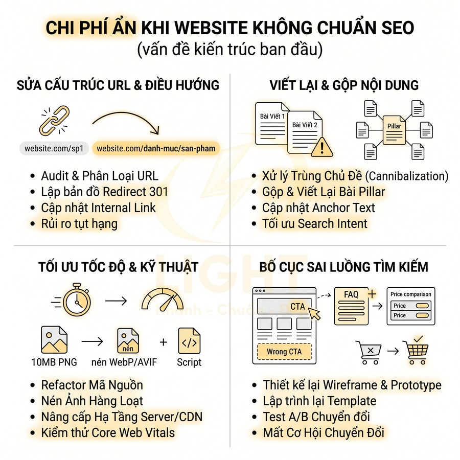 Chi phí ẩn khi website không chuẩn SEO với các hạng mục tối ưu cấu trúc URL nội dung tốc độ kỹ thuật và bố cục