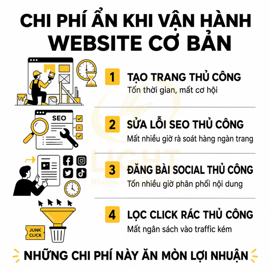 Chi phí ẩn khi vận hành website cơ bản với 4 công việc thủ công làm giảm lợi nhuận doanh nghiệp