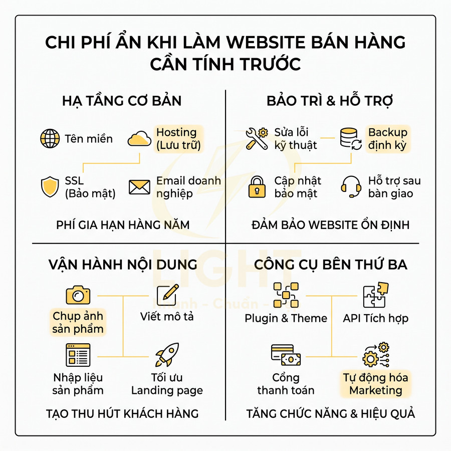 Chi phí ẩn khi làm website bán hàng gồm hạ tầng, bảo trì, vận hành nội dung và công cụ bên thứ ba