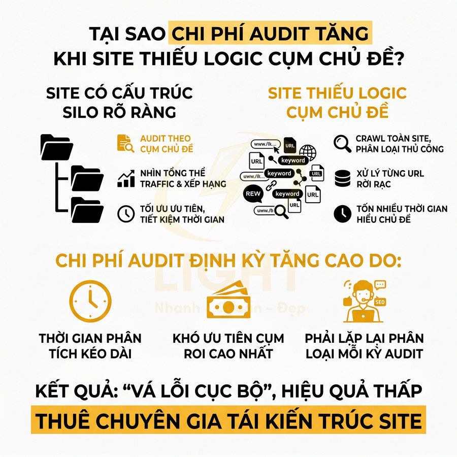 Infographic giải thích vì sao chi phí audit SEO tăng khi website thiếu cấu trúc silo và logic cụm chủ đề