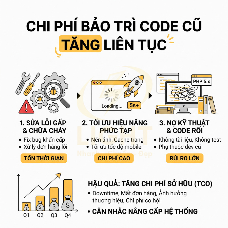 Infographic tiếng Việt về chi phí bảo trì code cũ tăng, nêu lỗi gấp, tối ưu hiệu năng, nợ kỹ thuật và rủi ro hệ thống