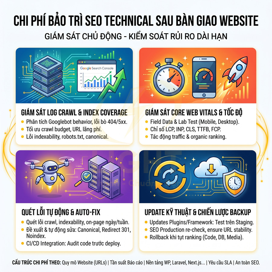 Chi phí bảo trì SEO technical sau bàn giao website với các hạng mục giám sát log, core web vitals, auto fix và backup