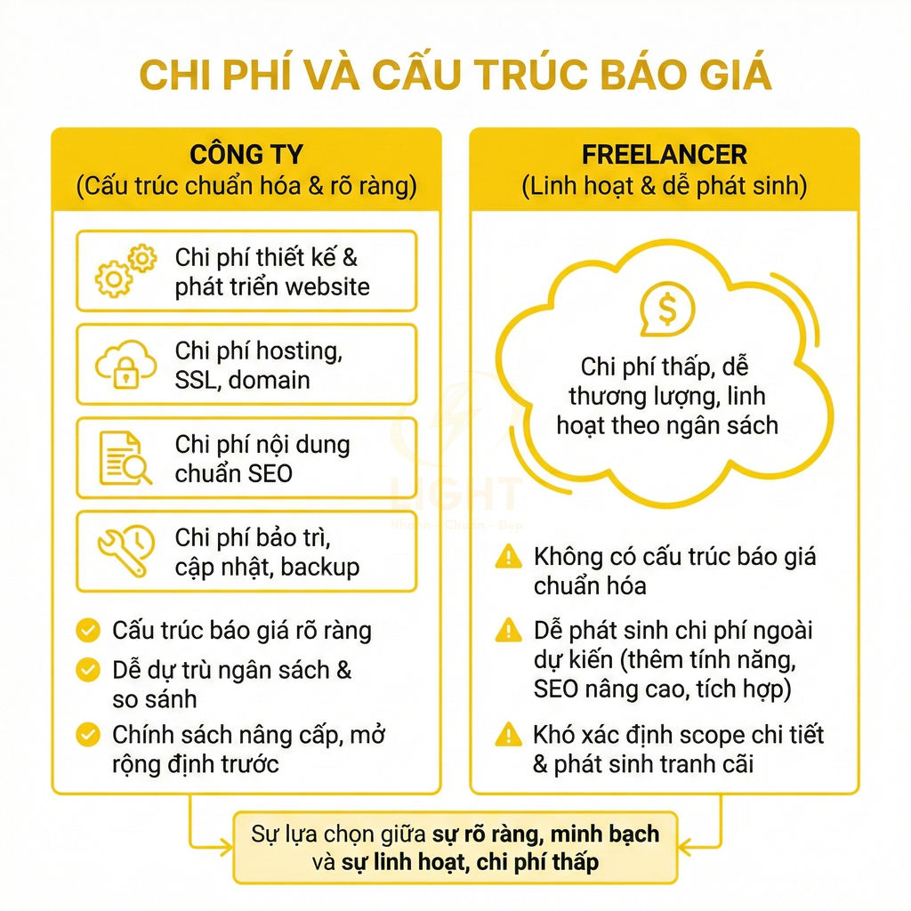 So sánh chi phí và cấu trúc báo giá làm website giữa công ty dịch vụ và freelancer
