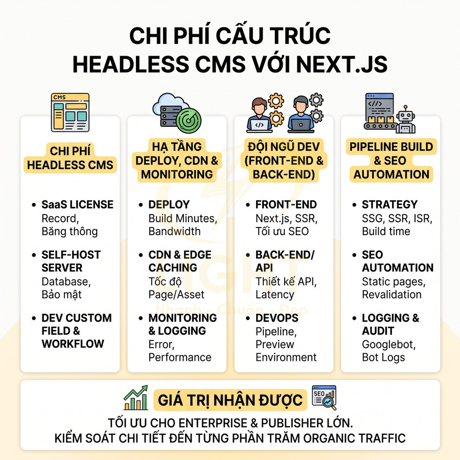 Infographic chi phí cấu trúc headless CMS với Next.js gồm các hạng mục hạ tầng, dev, SEO và giá trị nhận được