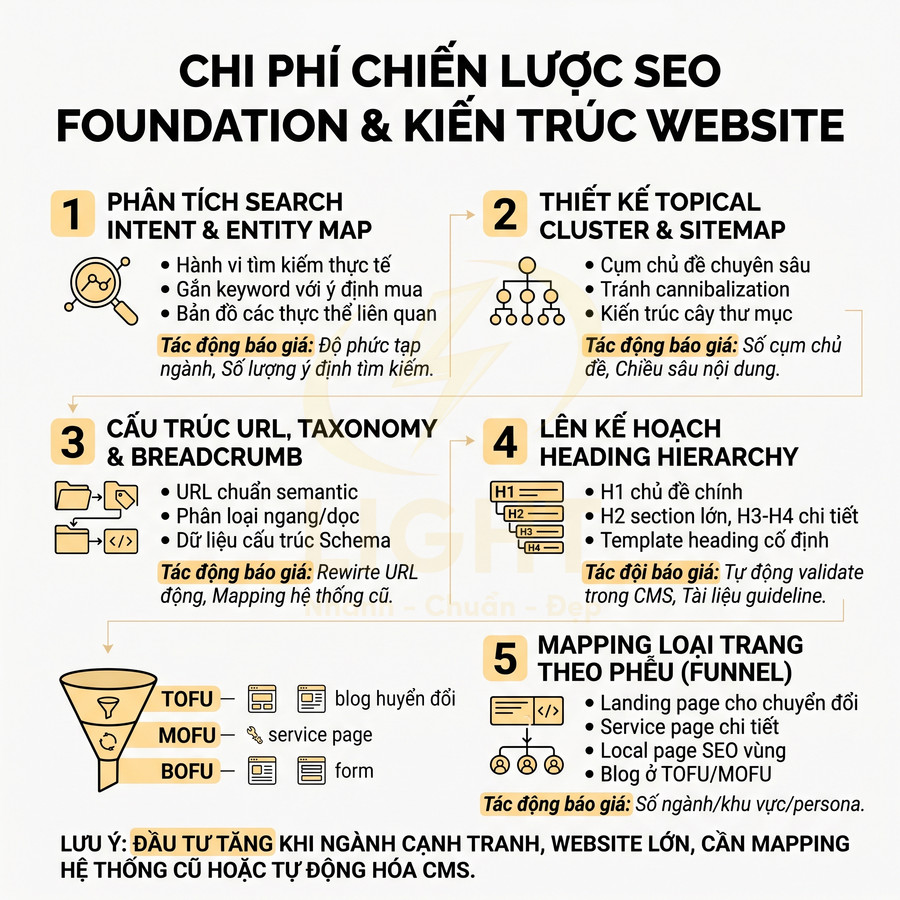 Chi phí chiến lược SEO foundation và kiến trúc website với 5 bước tối ưu cấu trúc nội dung và trang đích