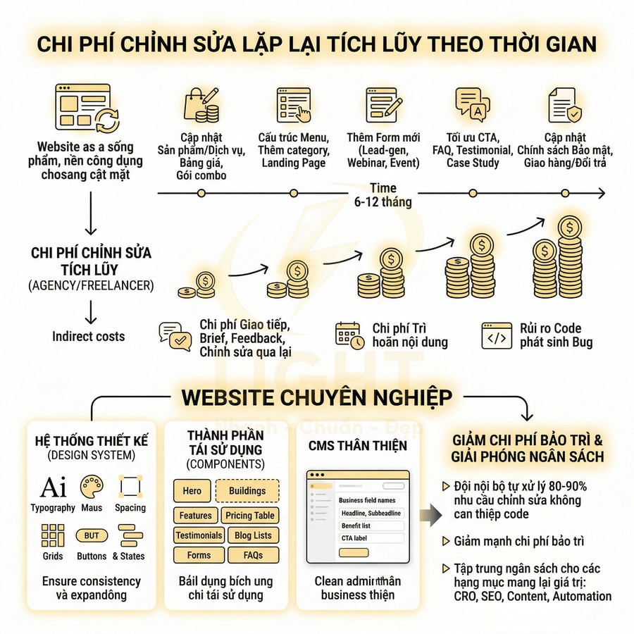 Infographic chi phí chỉnh sửa website tích lũy theo thời gian và lợi ích của website chuyên nghiệp, CMS thân thiện