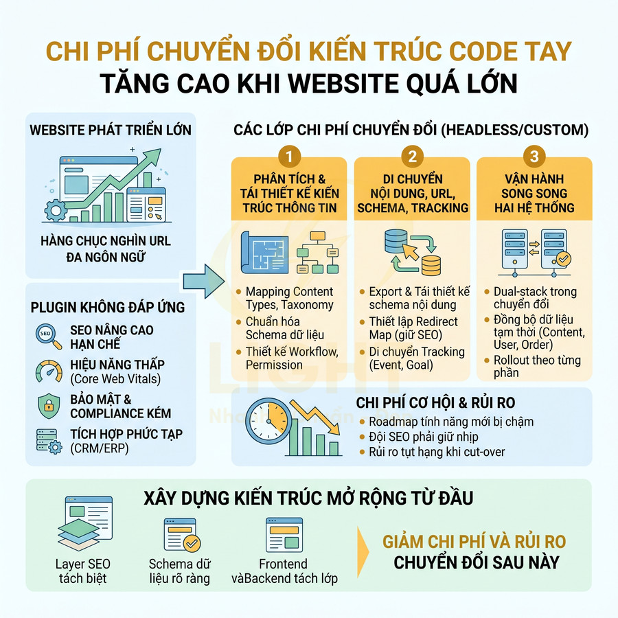 Infographic chi phí chuyển đổi kiến trúc website lớn và lợi ích xây dựng kiến trúc mở rộng để giảm rủi ro SEO