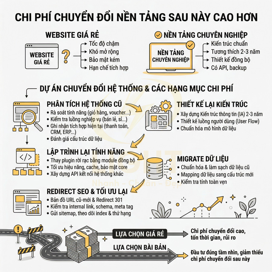 Infographic so sánh chi phí chuyển đổi từ website giá rẻ sang nền tảng chuyên nghiệp và các hạng mục dự án kỹ thuật số