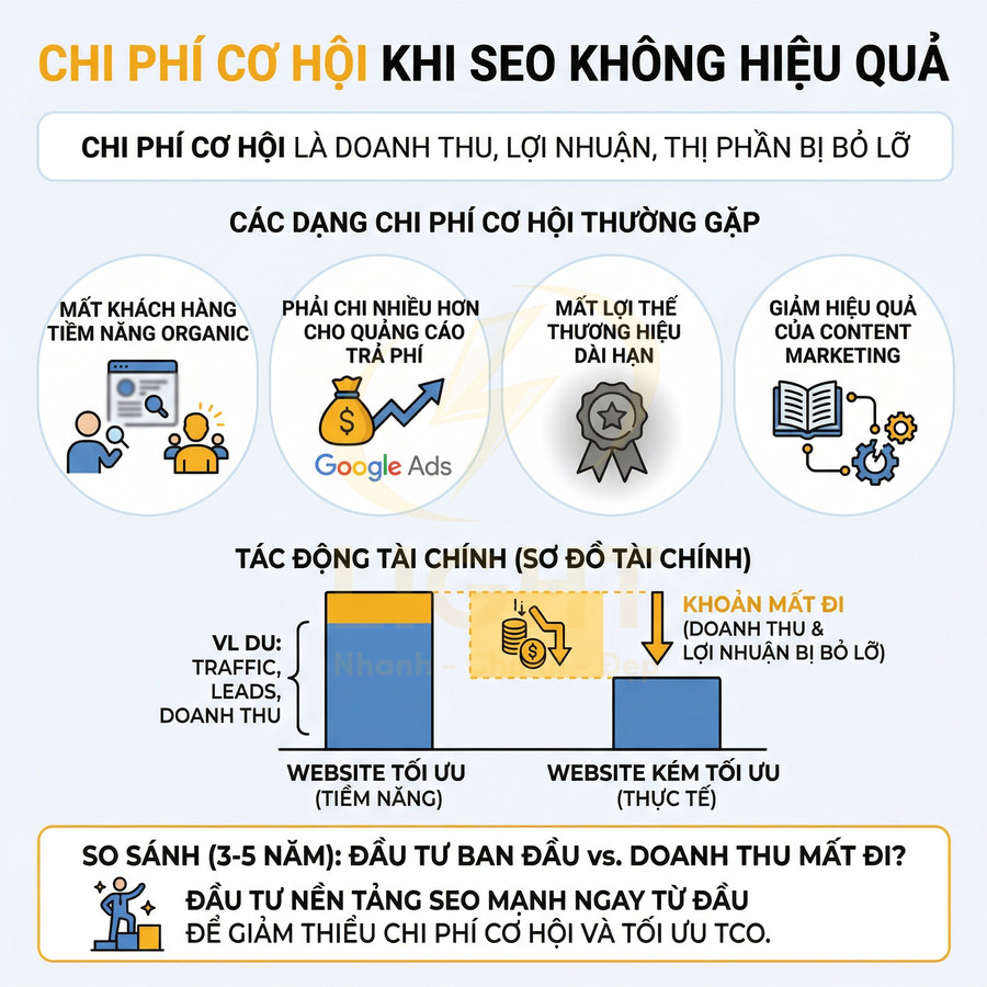 Infographic chi phí cơ hội khi SEO không hiệu quả, so sánh website tối ưu và kém tối ưu về doanh thu, leads, traffic