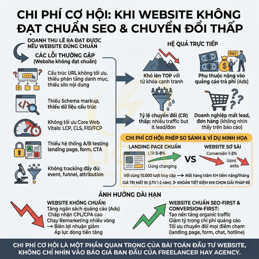 Infographic chi phí cơ hội khi website không đạt chuẩn SEO, liệt kê lỗi thường gặp và so sánh landing page chuẩn với website sơ sài