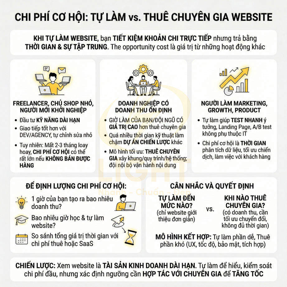 Infographic so sánh chi phí cơ hội tự làm website và thuê chuyên gia, nêu lợi ích, rủi ro và chiến lược cho doanh nghiệp