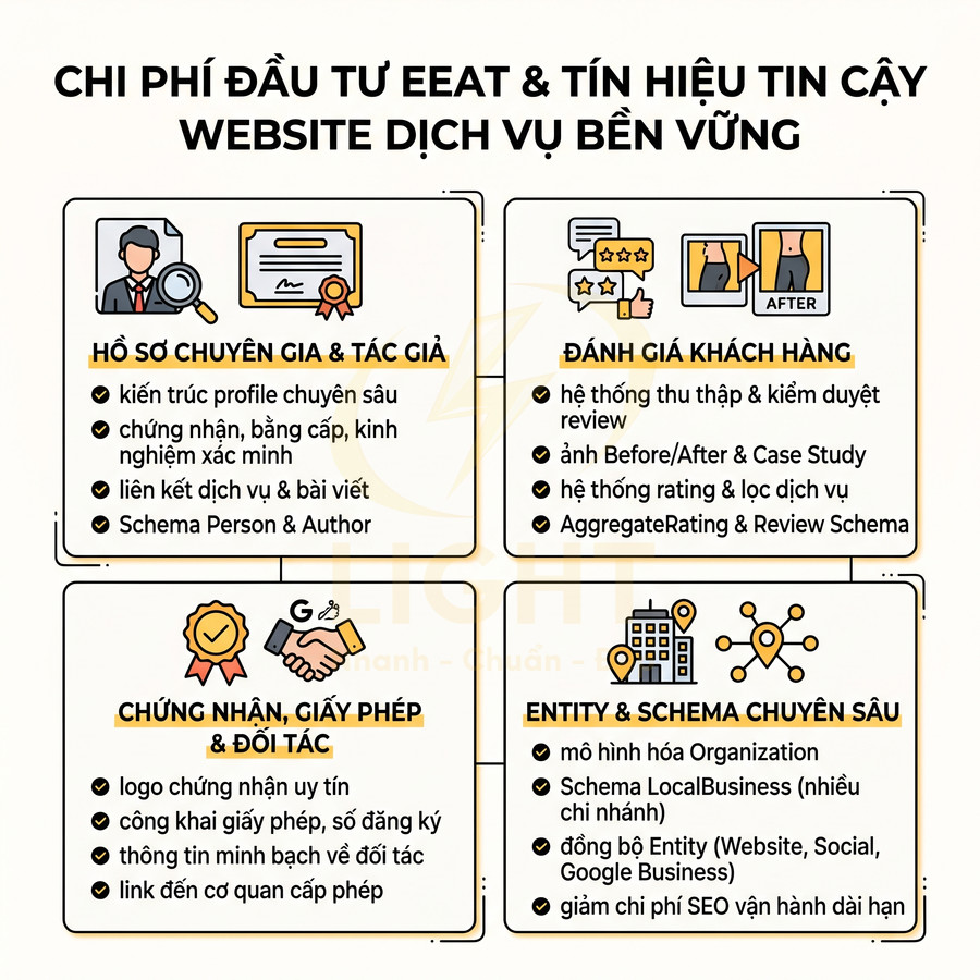 Infographic chi phí đầu tư EEAT và tín hiệu tin cậy giúp xây dựng website dịch vụ bền vững
