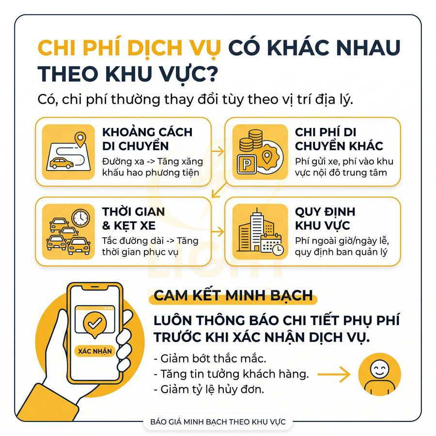 Infographic giải thích các yếu tố làm thay đổi chi phí dịch vụ theo khu vực và cam kết báo giá minh bạch