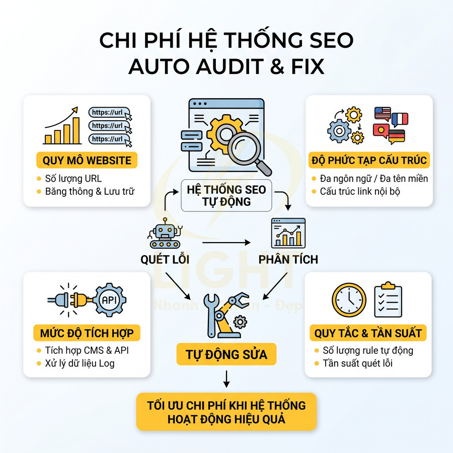 Sơ đồ chi phí hệ thống SEO auto audit và fix với các yếu tố quy mô website, tích hợp, cấu trúc, quy tắc và tần suất