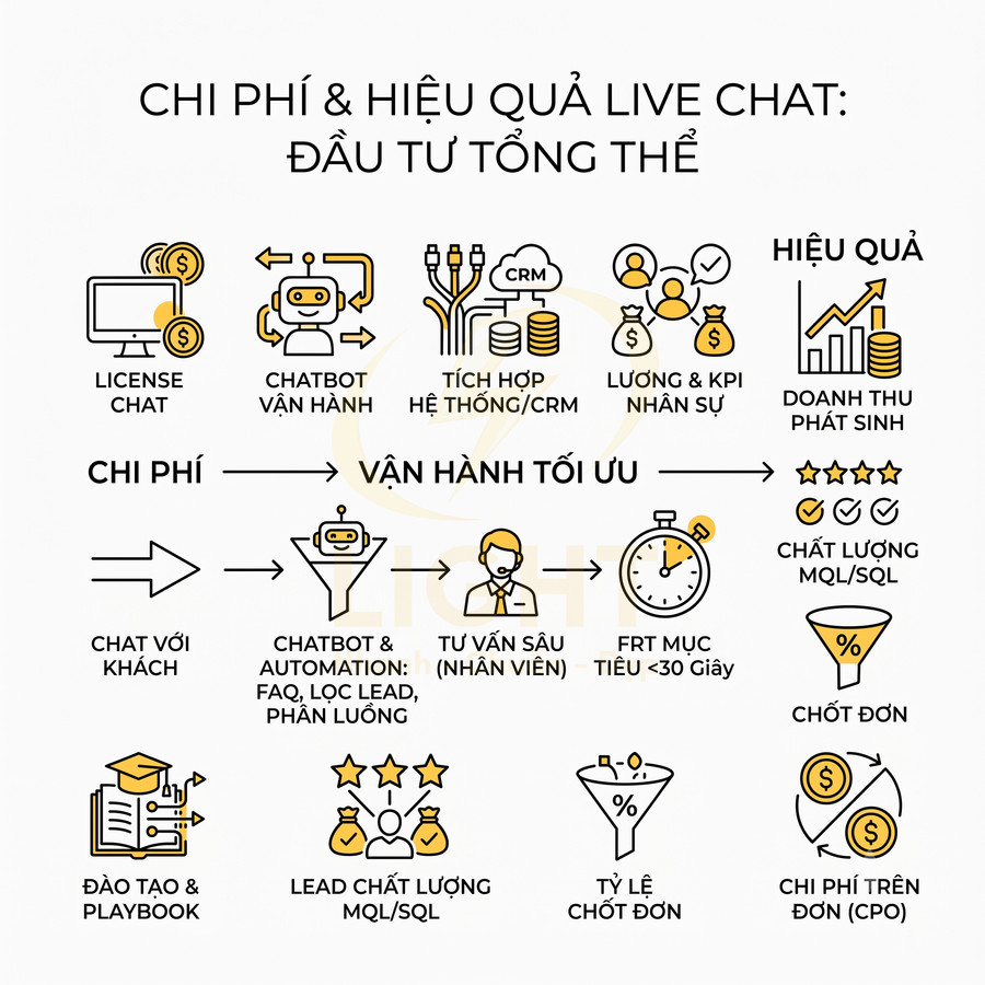 Mô hình chi phí và hiệu quả live chat với chatbot, CRM và nhân sự tối ưu để tăng doanh thu, chất lượng lead và tỷ lệ chốt đơn