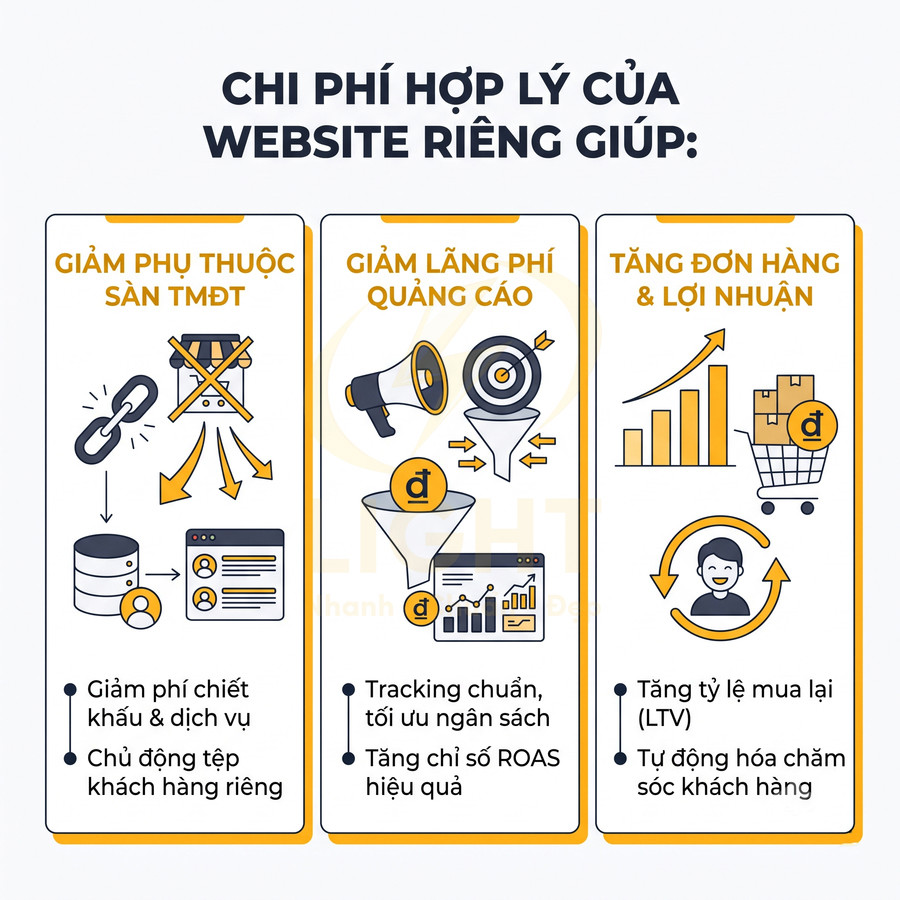 Lợi ích xây dựng website riêng: giảm phụ thuộc sàn thương mại điện tử, giảm phí quảng cáo, tăng đơn hàng và lợi nhuận