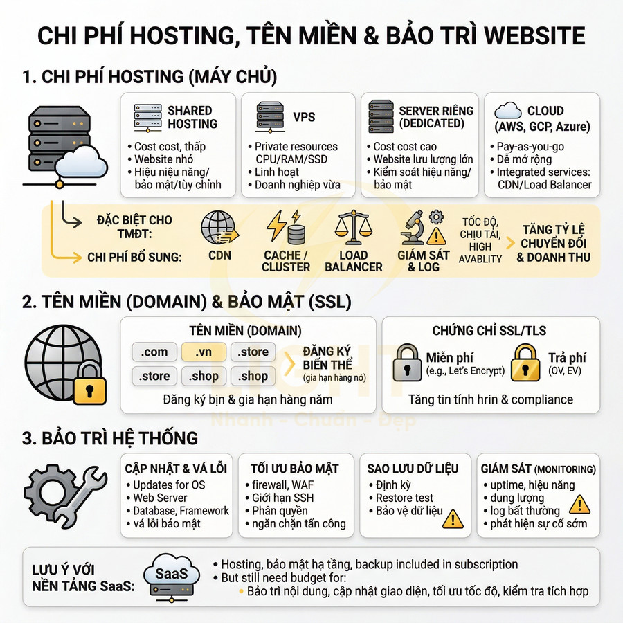 Infographic chi phí hosting, tên miền, SSL và bảo trì hệ thống website cho doanh nghiệp và thương mại điện tử