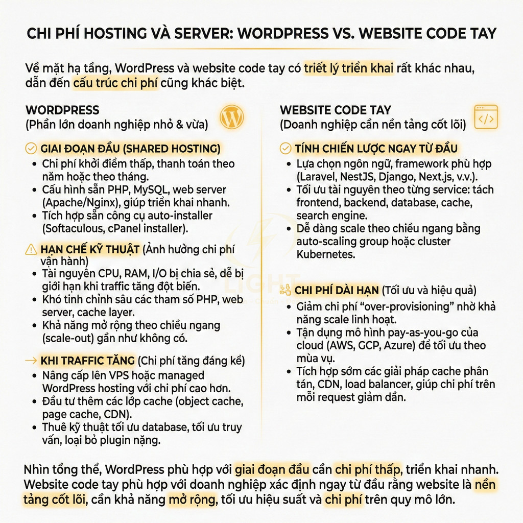 Infographic so sánh chi phí hosting và server giữa WordPress và website code tay cho doanh nghiệp