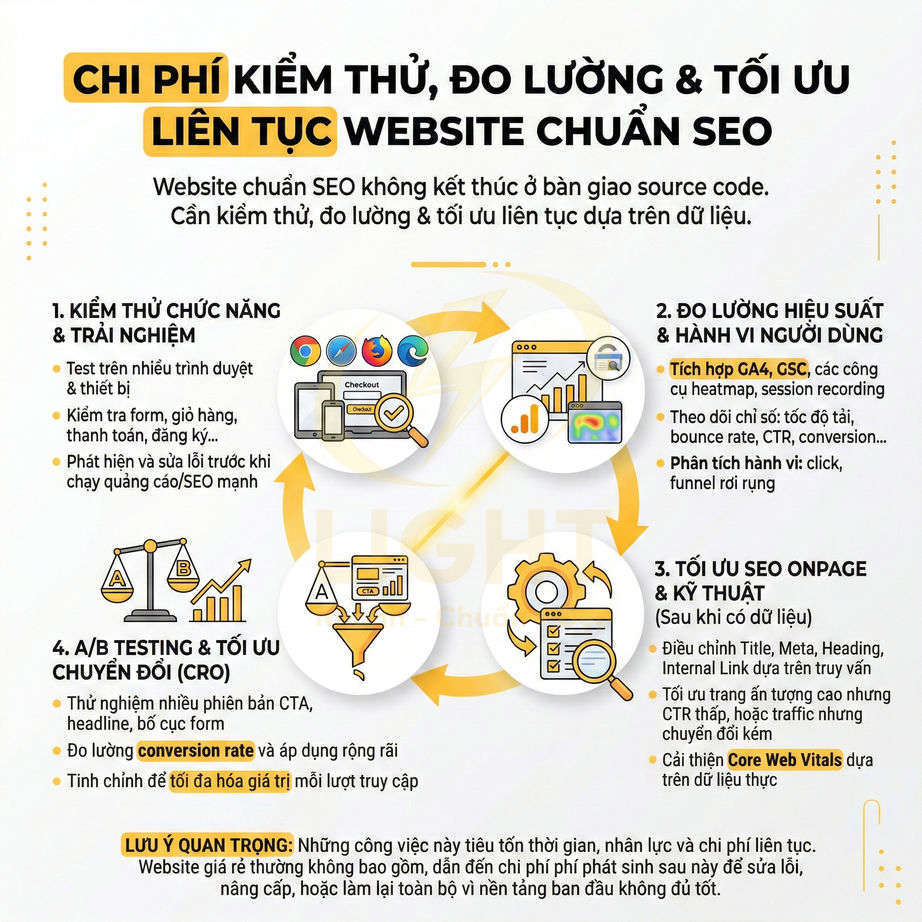Chi phí kiểm thử đo lường tối ưu liên tục website chuẩn SEO với các bước kiểm thử, đo lường, tối ưu onpage và A/B testing