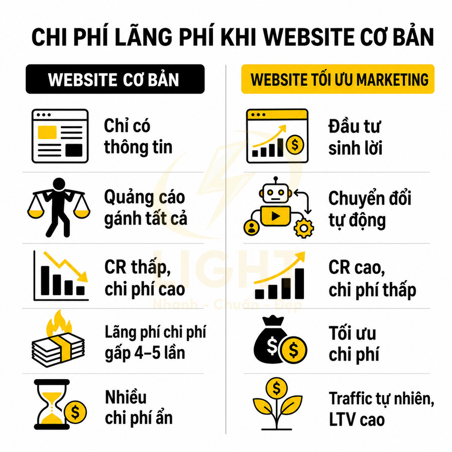 So sánh chi phí website cơ bản và website tối ưu marketing với các lợi ích về chuyển đổi và tối ưu chi phí