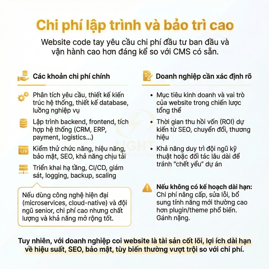 Infographic chi phí lập trình và bảo trì website code tay so sánh với CMS, liệt kê các hạng mục chi phí và lưu ý cho doanh nghiệp