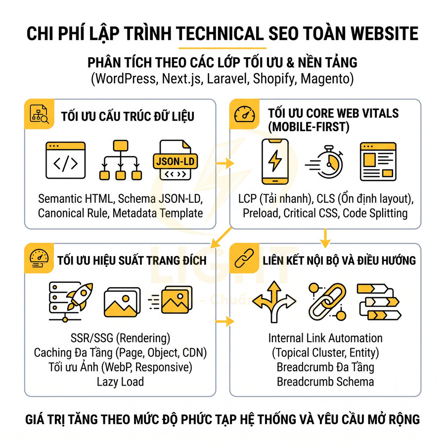 Chi phí lập trình technical SEO website với tối ưu cấu trúc dữ liệu, core web vitals, hiệu suất và liên kết nội bộ