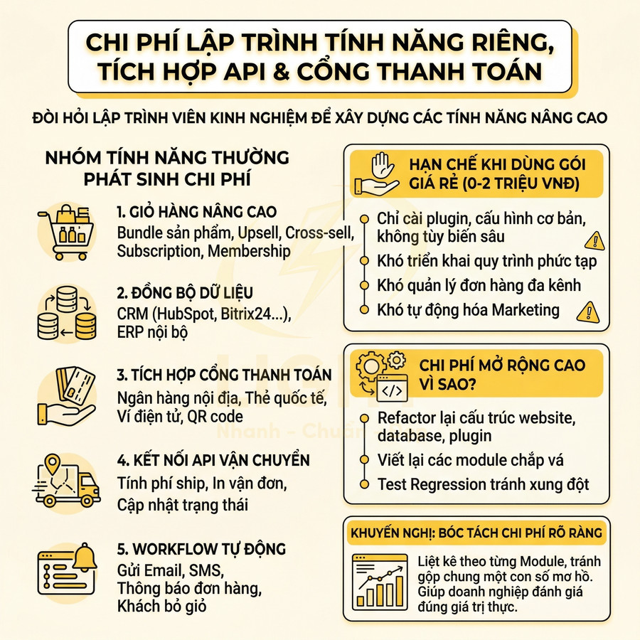 Infographic chi phí lập trình tính năng riêng, tích hợp API và cổng thanh toán cho website bán hàng