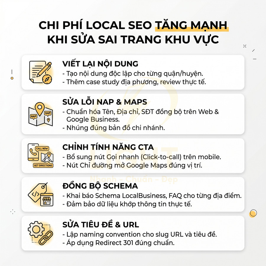 Checklist tối ưu Local SEO đúng trang khu vực với nội dung, NAP, CTA, schema và tiêu đề URL