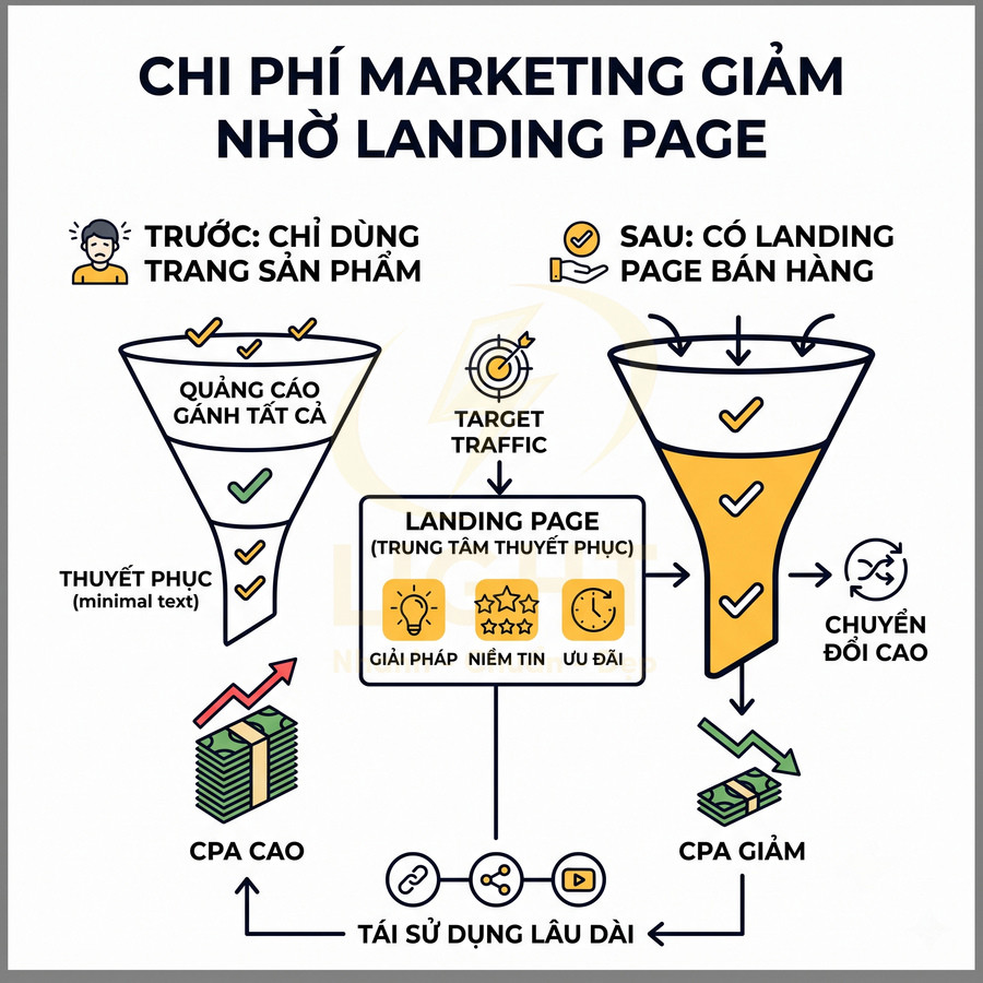 Mô hình so sánh funnel marketing trước và sau khi dùng landing page để tăng chuyển đổi và giảm chi phí CPA