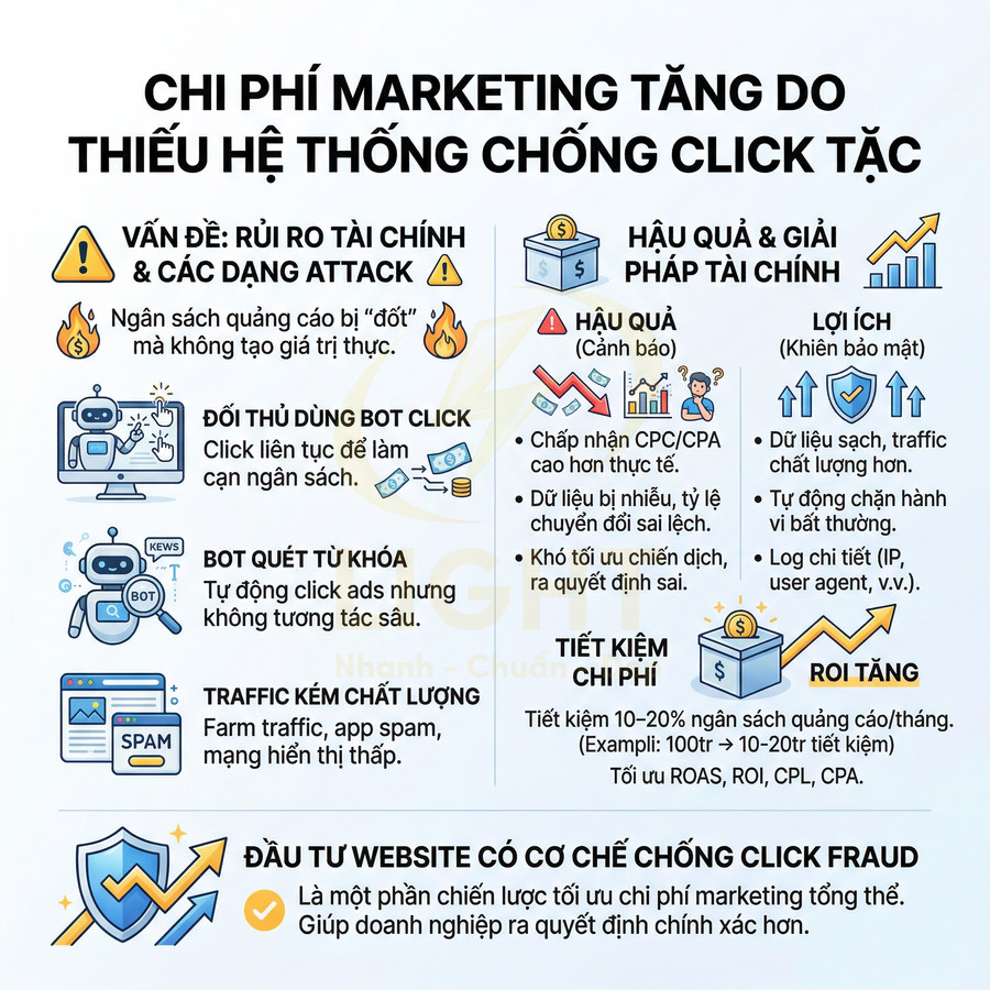 Infographic chi phí marketing tăng do thiếu hệ thống chống click tặc và lợi ích khi chống click fraud cho website