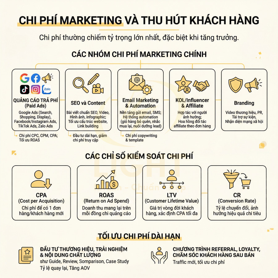 Infographic chi phí marketing và thu hút khách hàng với các nhóm chi phí, chỉ số CPA ROAS LTV CR và tối ưu dài hạn