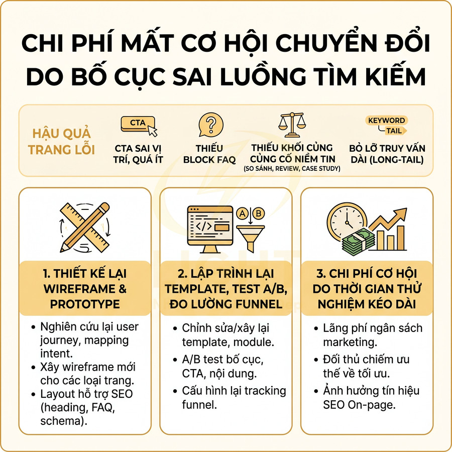 Infographic chi phí mất cơ hội chuyển đổi do bố cục sai luồng tìm kiếm và các bước tối ưu SEO trang web