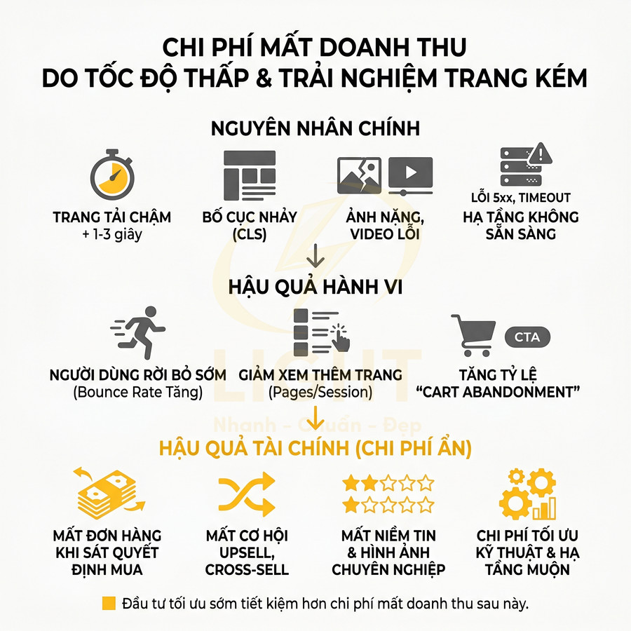 Infographic chi phí mất doanh thu do tốc độ tải trang chậm và trải nghiệm website kém trong marketing online