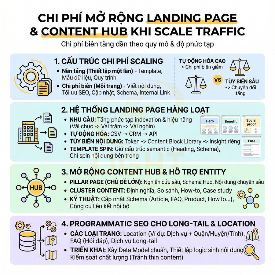 Infographic chi phí mở rộng landing page và content hub khi scale traffic trong chiến lược SEO
