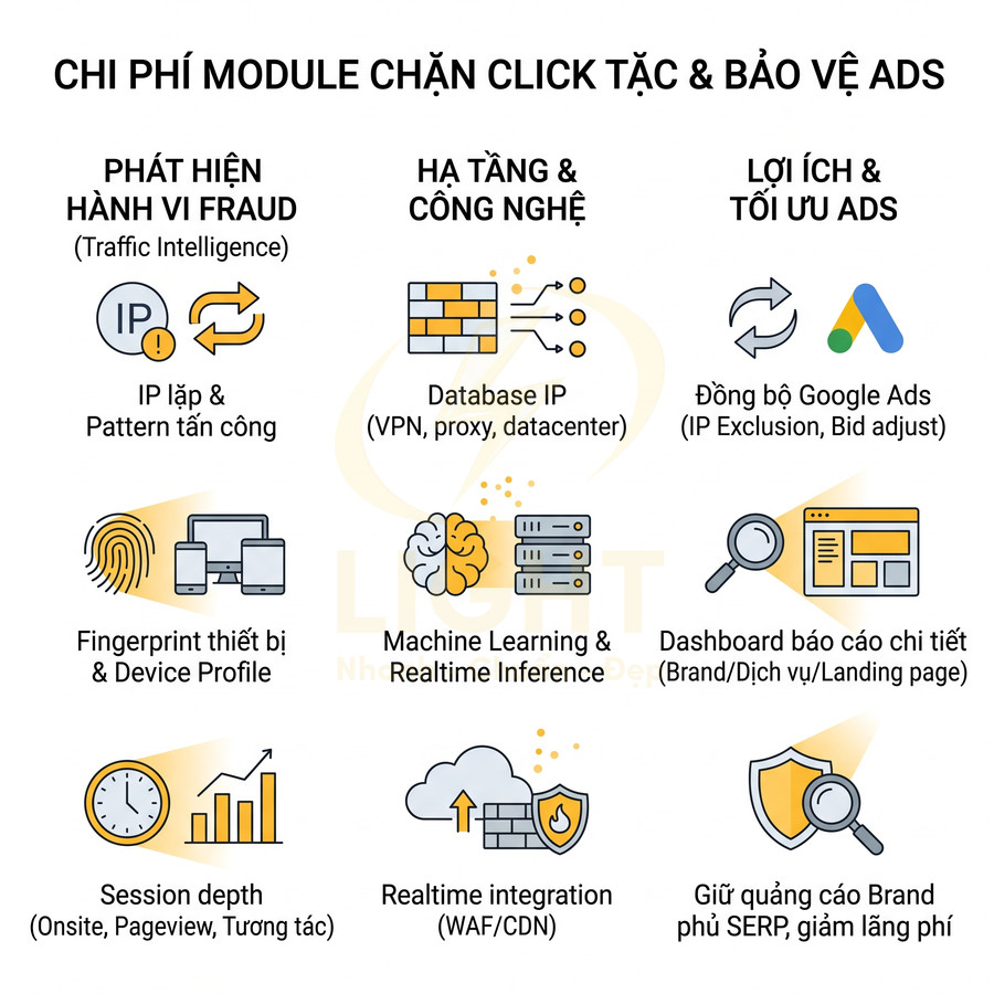 Chi phí module chặn click tặc bảo vệ quảng cáo Google Ads với phát hiện fraud và tối ưu hiệu suất chiến dịch