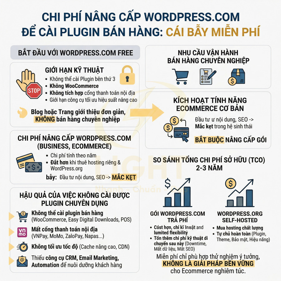 Infographic chi phí nâng cấp WordPress.com để cài plugin bán hàng và so sánh với WordPress.org