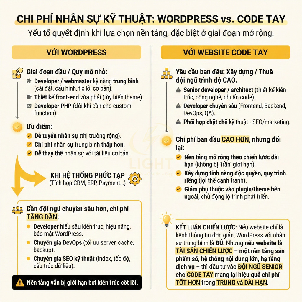 Infographic so sánh chi phí nhân sự kỹ thuật WordPress và website code tay cho doanh nghiệp
