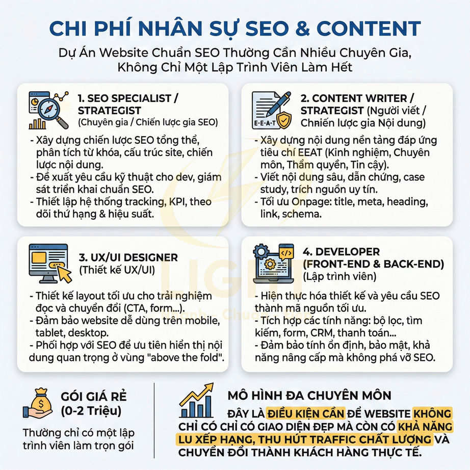 Infographic chi phí nhân sự SEO và content, mô tả vai trò SEO specialist, content writer, UXUI designer và developer cho website chuẩn SEO