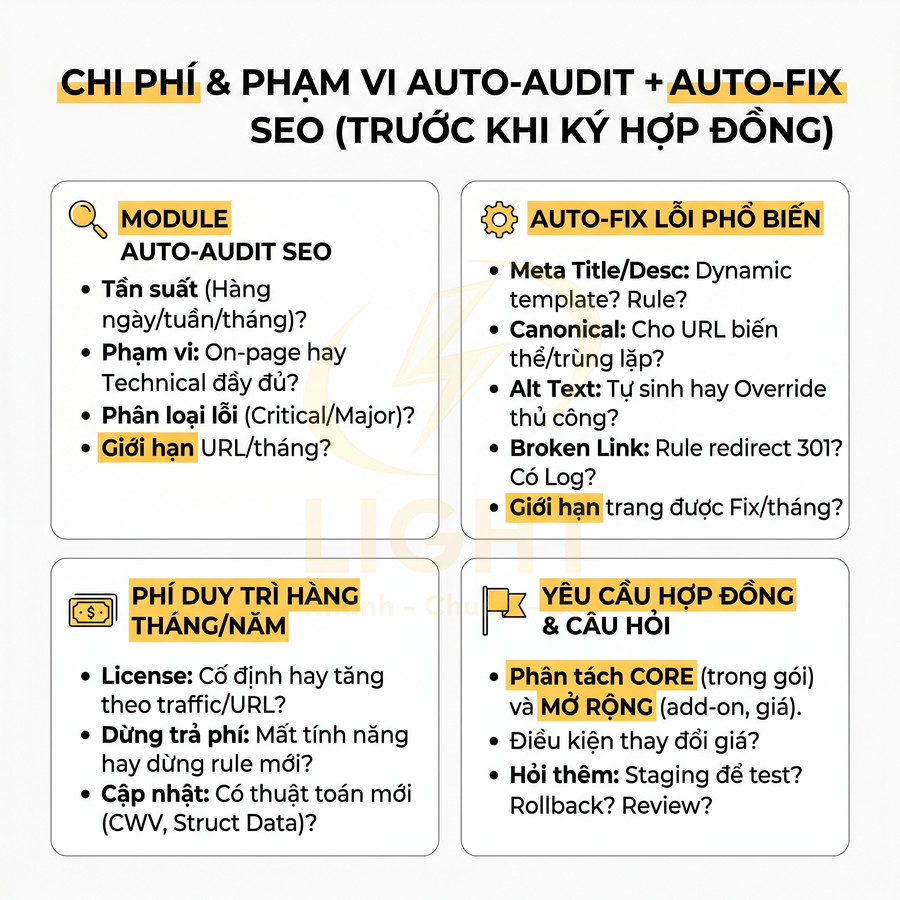 Infographic chi phí và phạm vi dịch vụ auto audit và auto fix SEO, nêu module, lỗi phổ biến, phí duy trì và yêu cầu hợp đồng