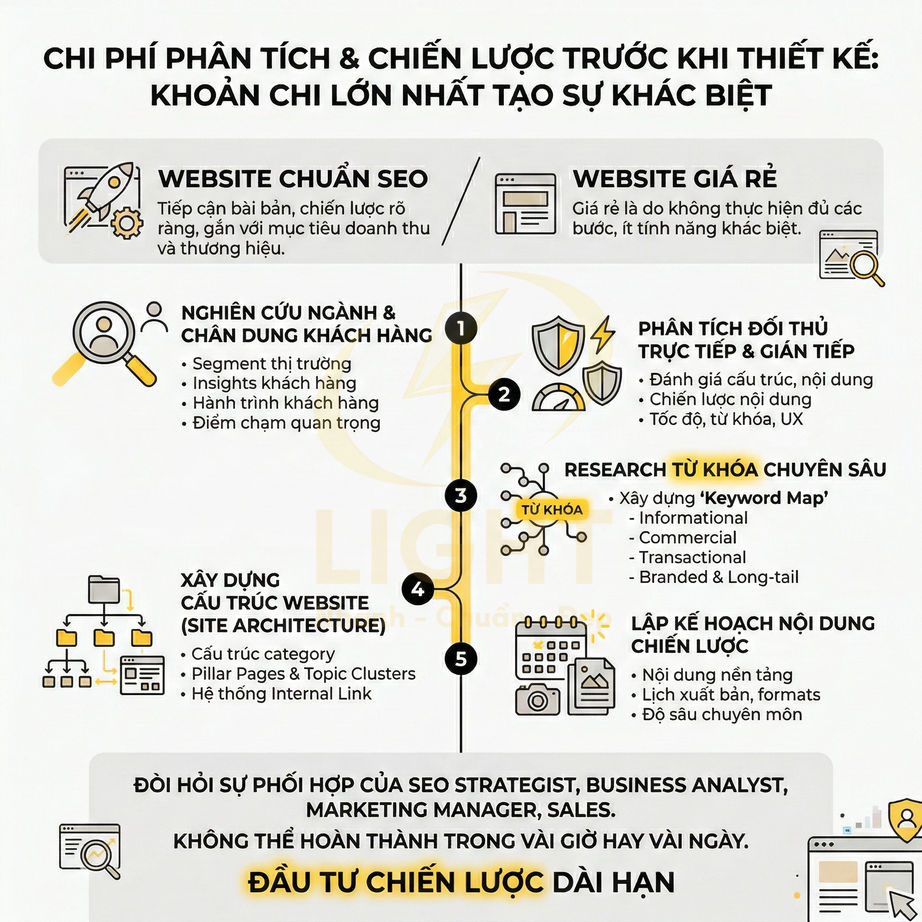 Infographic quy trình phân tích chi phí và chiến lược SEO trước khi thiết kế website chuẩn SEO