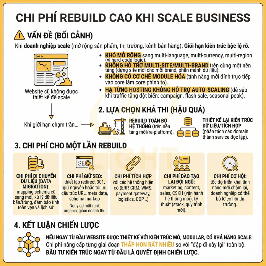 Infographic chi phí rebuild website khi scale business, nêu vấn đề kiến trúc cũ và các loại chi phí khi xây lại hệ thống