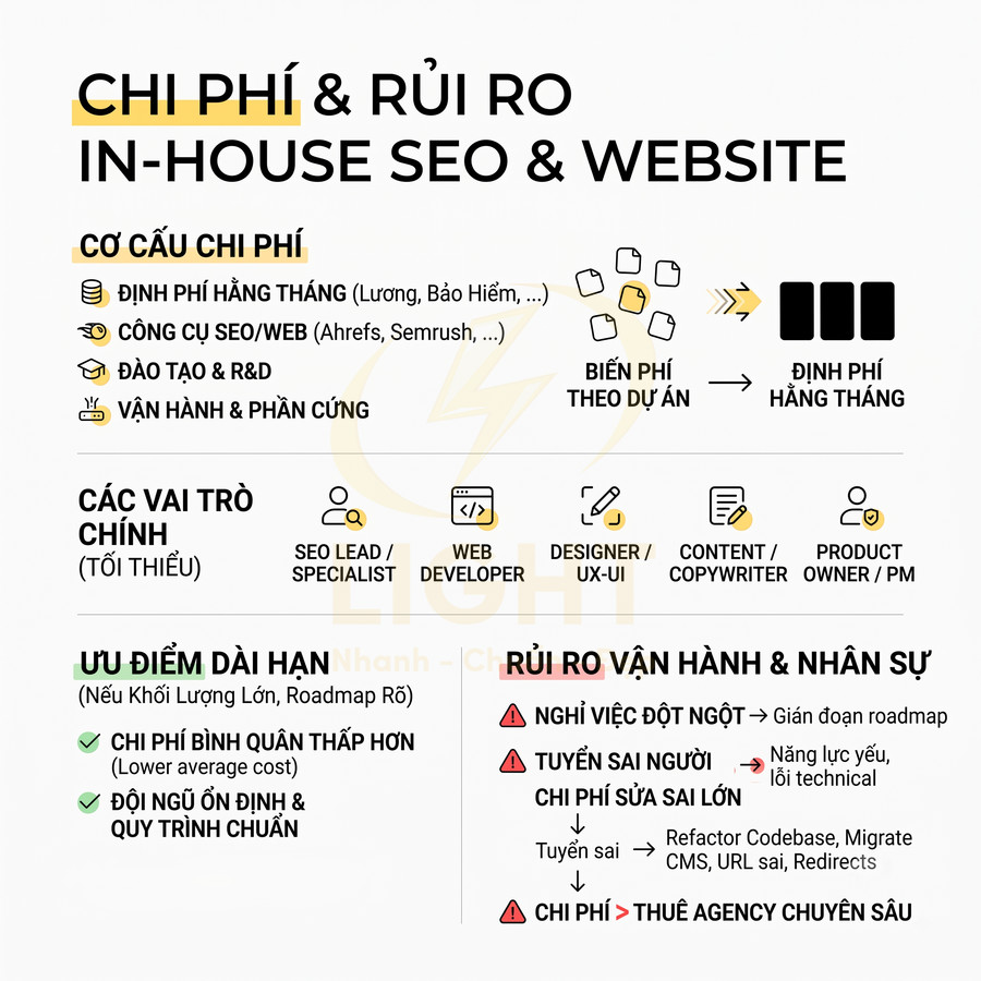 Infographic chi phí và rủi ro khi làm in-house SEO và phát triển website, liệt kê cơ cấu chi phí và vai trò nhân sự