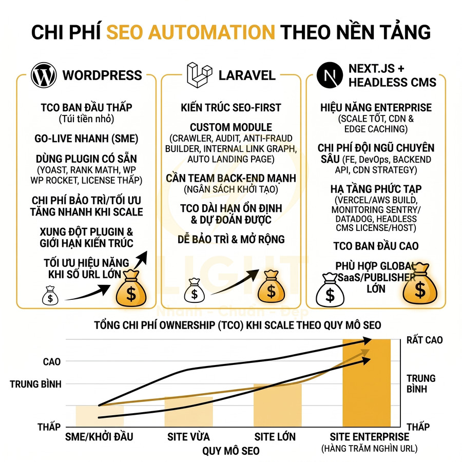 So sánh chi phí SEO automation cho WordPress, Laravel và Next.js Headless CMS theo quy mô website