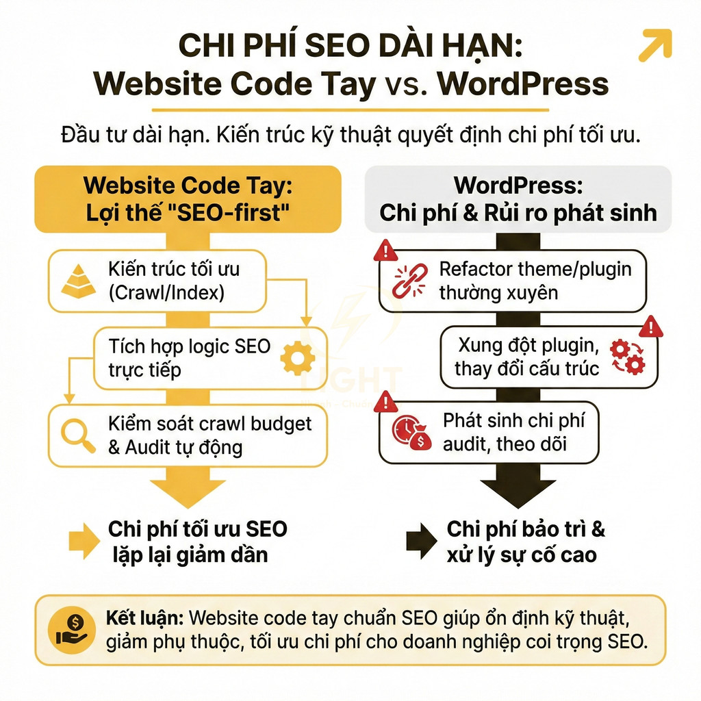 Infographic so sánh chi phí SEO dài hạn giữa website code tay chuẩn SEO và website WordPress