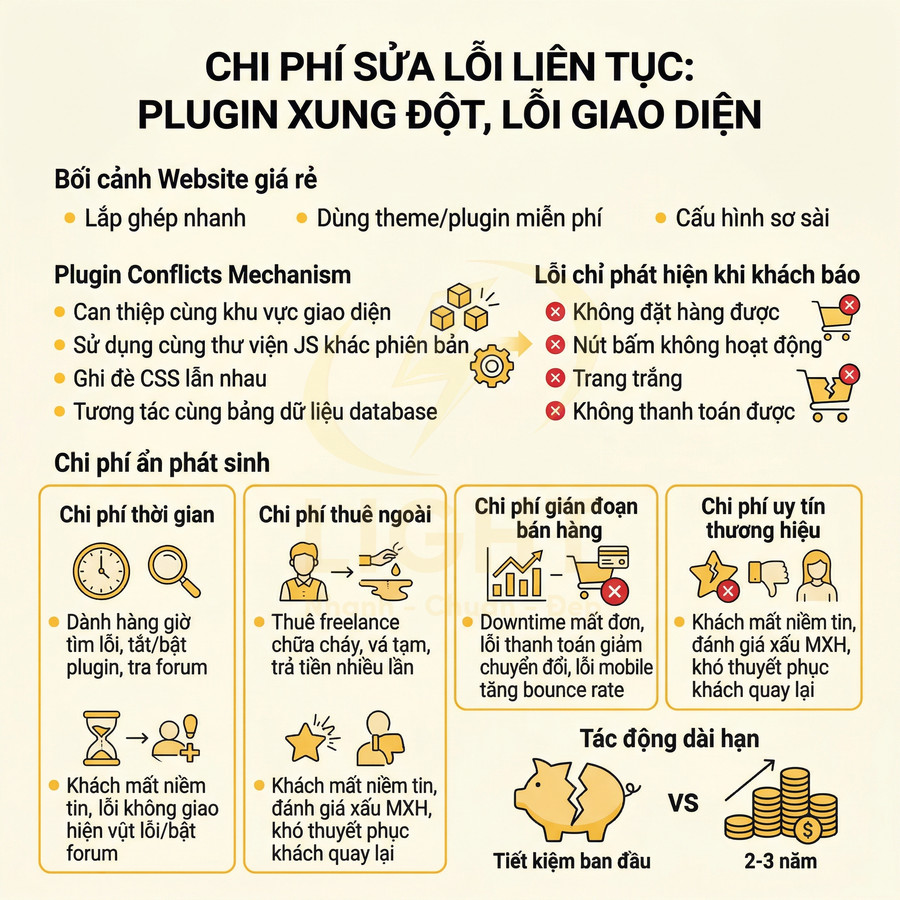Infographic chi phí sửa lỗi plugin xung đột, lỗi giao diện website giá rẻ và tác động dài hạn đến doanh thu